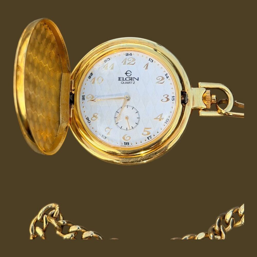 Vintage Elgin Gold-Tone Quartz Pocket Watch With Chain & Monogrammed Cover - Picture 5 of 9